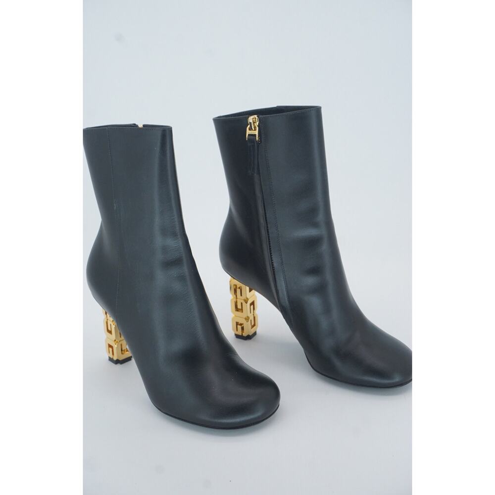 Givenchy Black G Cube Leather Round Toe Ankle Booties SZ 37 Gold Logo Heel $1400 - Picture 9 of 12